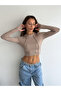 Reverse Stitching Long Sleeve Camisole Crop Blouse Mink