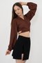 Women's Brown Waist Tied Balloon Sleeve Crop Blouse - 2