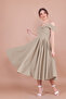 Oil Green Midi Length Strap Off-Shoulder Detail Pleated Dress - 5