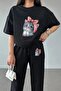 Women's Black Cute Cat Bottom Top Jogger And Oversize Tshirt Tracksuit Set - 3