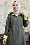 Drawstring Waist Hooded Neon Trench - Khaki \ Green - 2