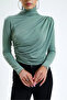 women's mint green turtleneck long sleeve criss-cross smocking detailed blouse - 2