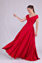 Red Maxi Length Boat Neck Draped Woven Fabric Flared Evening Dress - 5