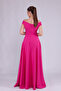 Fuchsia Maxi Length Boat Neck Draped Woven Fabric Flared Evening Dress - 6