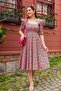 Flexible Crepe Fabric Short Sleeve Square Neck Midi Length Flared Cut Floral Dress 080 - 3