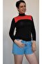 Black half fishman combed cotton Viscose T-shirt with red color block - 2