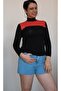 Black half fishman combed cotton Viscose T-shirt with red color block - 7
