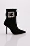 Women's Side Buckle Heeled Boots Black Velvet 91133557