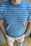 Men's Blue Short Sleeve Corded Acrylic-Cotton Blend Knitwear T-Shirt