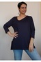 Navy blue side V-neck combed cotton viscose long-sleeved T-shirt - 3