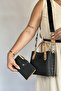 Embossing Printing Premium Quality 4 Compartment Women's Hand and Shoulder Bag 24x24cm 4095 black and tone combination