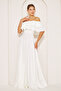 White Ruffle Collar Detail Off-the-Shoulder Draped Woven Fabric Maxi Length Flared Evening Dress - 2