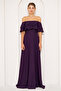 Plum Ruffle Collar Detail Off-the-Shoulder Draped Woven Fabric Maxi Length Flared Evening Dress - 5