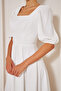 White Midi Length Balloon Sleeve Square Neck Short Elastic Sleeve Woven Flowing Fabric Dress - 4