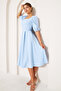 Baby Blue Midi Length Balloon Sleeve Square Collar Short Elastic Sleeve Woven Draped Fabric Dress - 3