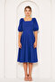 Sax Blue Midi Length Balloon Sleeve Square Neck Short Elastic Sleeve Woven Draped Fabric Dress - 5