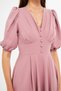 Balloon Sleeve V-neck Corsage Belt Detail Ornamental Buttoned Chest Pleated Woven Draped Fabric Midi Dress - 7