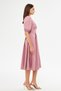 Balloon Sleeve V-neck Corsage Belt Detail Ornamental Buttoned Chest Pleated Woven Draped Fabric Midi Dress - 4