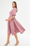 Balloon Sleeve V-neck Corsage Belt Detail Ornamental Buttoned Chest Pleated Woven Draped Fabric Midi Dress - 5