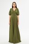 Balloon Sleeve V-neck Corsage Belt Detail Ornamental Buttoned Chest Pleated Woven Draped Fabric Maxi Length Dress - 4