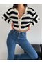 Women's Black Striped Crew Neck Ribbed Gold Button Detailed Knitwear Cardigan - 3