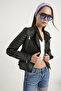 Women's Black Sleeve Detailed Leather Jacket