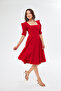 Women's Flexible Crepe Fabric Short Sleeve Square Collar Midi Length Red Evening Dress 080 - 7