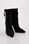 Women's Side Buckle Heeled Boots Black Striped 91133557 - 2