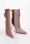 Women's Side Buckle Heeled Boots Beige Velvet 91133557 - 2
