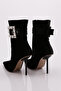 Women's Side Buckle Heeled Boots Black Velvet 91133557 - 3