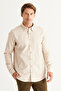 Men's Beige Slim Fit Narrow Cut Hidden Button Collar 100% Cotton Shirt - 5