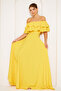 Yellow Ruffle Collar Detail Off-the-Shoulder Draped Woven Fabric Maxi Length Flared Evening Dress - 2