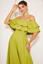 Pistachio Green Ruffle Collar Detail Off-the-Shoulder Flowing Woven Fabric Maxi Length Flared Evening Dress - 2