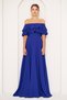 Sax Blue Ruffle Collar Detail Off-the-Shoulder Draped Woven Fabric Maxi Length Flared Evening Dress - 4