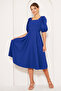 Sax Blue Midi Length Balloon Sleeve Square Neck Short Elastic Sleeve Woven Draped Fabric Dress