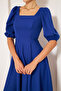 Sax Blue Midi Length Balloon Sleeve Square Neck Short Elastic Sleeve Woven Draped Fabric Dress - 2
