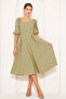 Oil Green Midi Length Balloon Sleeve Square Neck Short Elastic Sleeve Woven Draped Fabric Dress - 5