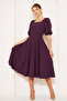 Plum Midi Length Balloon Sleeve Square Neck Short Elastic Sleeve Woven Draped Fabric Dress - 2
