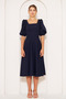 Navy Blue Midi Length Balloon Sleeve Square Neck Short Elastic Sleeve Woven Draped Fabric Dress - 5