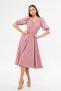Balloon Sleeve V-neck Corsage Belt Detail Ornamental Buttoned Chest Pleated Woven Draped Fabric Midi Dress - 6