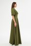Balloon Sleeve V-neck Corsage Belt Detail Ornamental Buttoned Chest Pleated Woven Draped Fabric Maxi Length Dress - 6