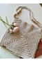Women's Ecru Color Handmade Cotton Macrame Rope Knitted Wooden Bead Detailed Hand and Shoulder Bag