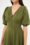 Balloon Sleeve V-neck Corsage Belt Detail Ornamental Buttoned Chest Pleated Woven Draped Fabric Maxi Length Dress - 7