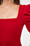 Women's Flexible Crepe Fabric Short Sleeve Square Collar Midi Length Red Evening Dress 080 - 2