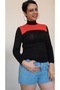 Black half fishman combed cotton Viscose T-shirt with red color block - 6