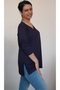 Navy blue side V-neck combed cotton viscose long-sleeved T-shirt - 4
