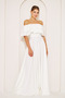 White Ruffle Collar Detail Off-the-Shoulder Draped Woven Fabric Maxi Length Flared Evening Dress