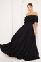 Black Ruffle Collar Detail Off-the-Shoulder Draped Woven Fabric Maxi Length Flared Evening Dress - 5
