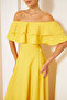 Yellow Ruffle Collar Detail Off-the-Shoulder Draped Woven Fabric Maxi Length Flared Evening Dress - 3