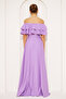 Lilac Ruffle Collar Detail Off-the-Shoulder Draped Woven Fabric Maxi Length Flared Evening Dress - 8